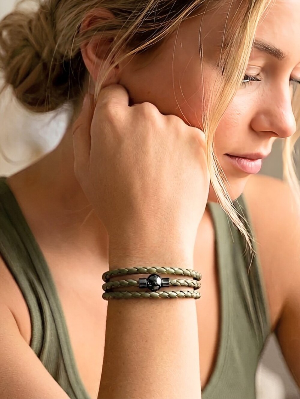 Linx Triple Wrap Army Green Leather Braided Bracelet with Black Magnetic Clasp